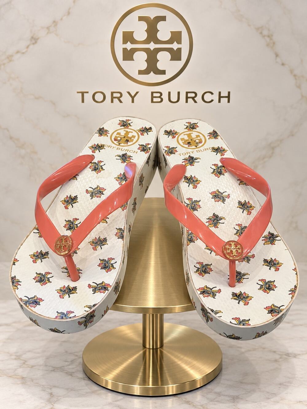 Tory Burch Printed Carved-Wedge Floral Flip-Flops Coral Women’s 9M
